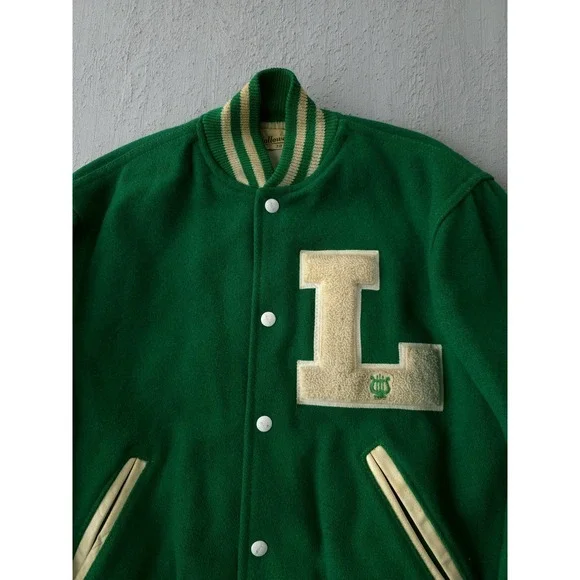 Vintage 1960s Holloway Green Wool Varsity Bomber Jacket USA Made 38 M - Picture 3 of 15